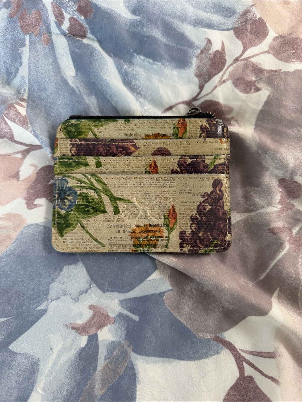 Patricia Nash Beige Floral Card Holder with Green and Purple Accents